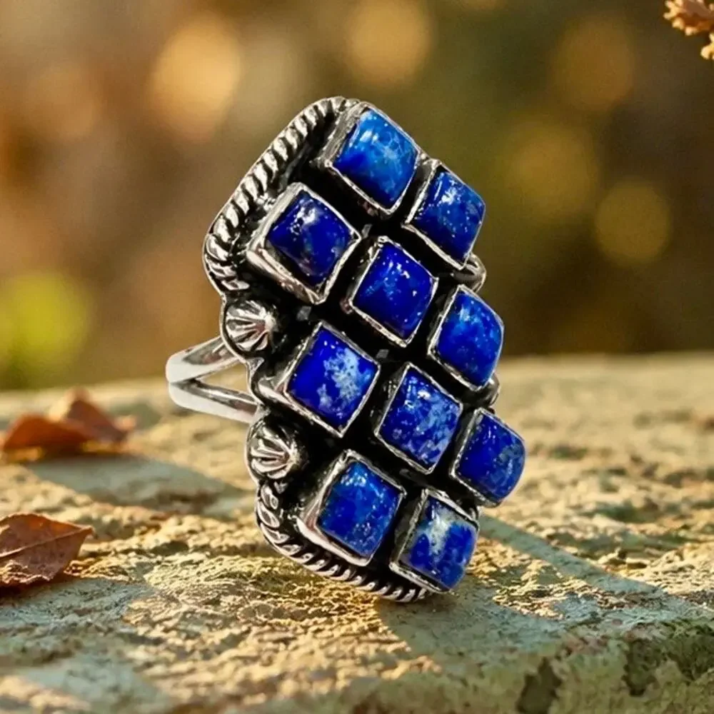 Lapis Lazuli Cluster Statement Sterling Silver Ring Size 7 BOHO